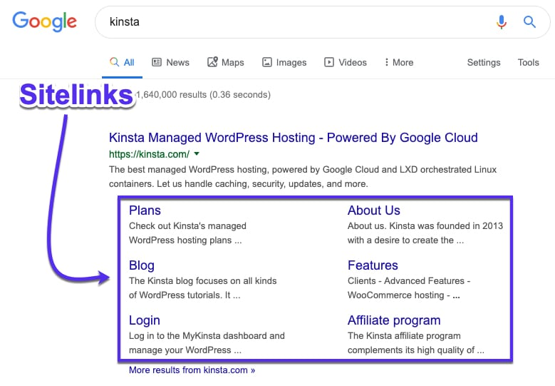 Sitelink là những đường dẫn bổ sung xuất hiện bên dưới kết quả tìm kiếm chính trên Google